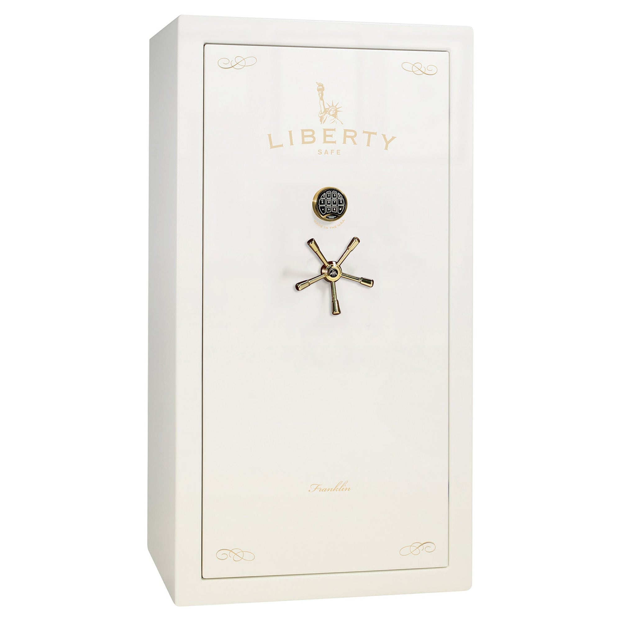 Franklin Series | Level 5 Security | 110 Minute Fire Protection | 29 | DIMENSIONS: 60.5"(H) X 30"(W) X 27.5"(D*) | White Gloss Brass | Direct Drive Electronic Lock – Closed Door