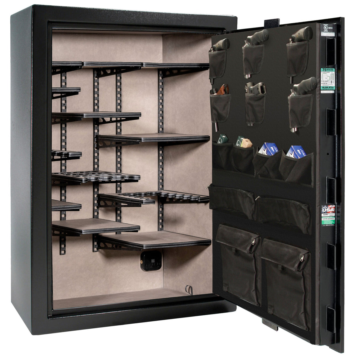 Colonial 35 | Pro Flex Interior | Level 4 Security | 75 Minute Fire Protection | Dimensions: 60.5&quot;(H) x 42&quot;(W) x 22&quot;(D) | Up to 45 Long Guns | Black Gloss | Mechanical Lock - Open