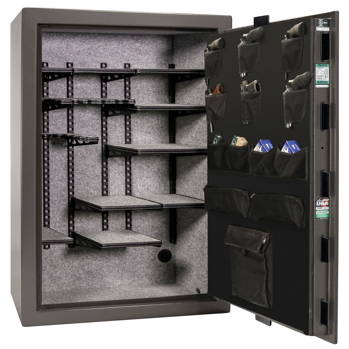 Colonial 35 | Pro Flex Interior | Level 4 Security | 75 Minute Fire Protection | Dimensions: 60.5&quot;(H) x 42&quot;(W) x 22&quot;(D) | Up to 45 Long Guns | Gray Marble | Mechanical Lock - Open