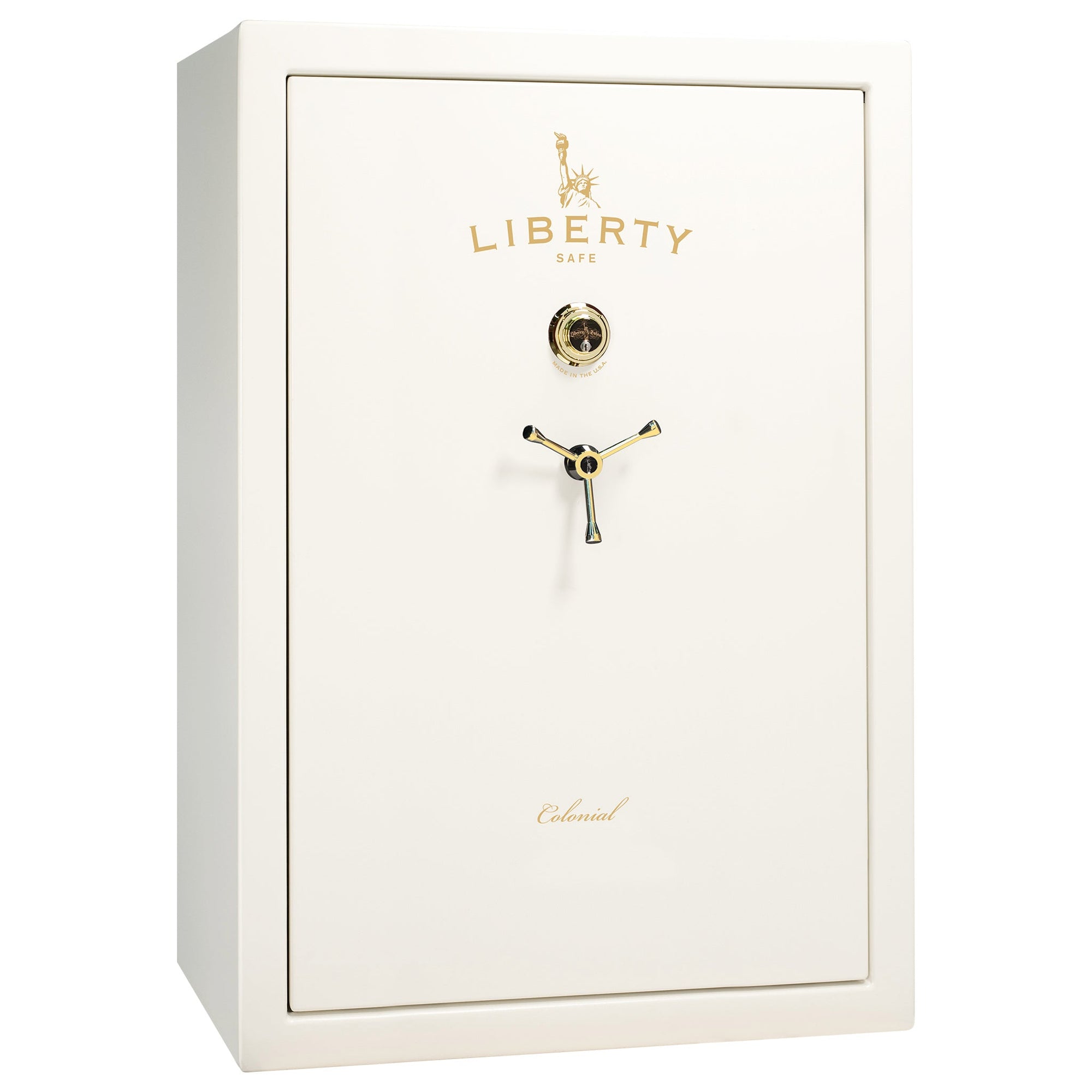 Colonial 35 | Pro Flex Interior | Level 4 Security | 75 Minute Fire Protection | Dimensions: 60.5"(H) x 42"(W) x 22"(D) | Up to 45 Long Guns | White Gloss Brass | Mechanical Lock - Closed