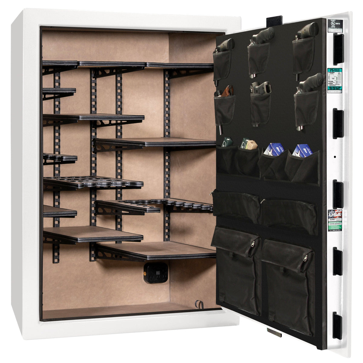 Colonial 35 | Pro Flex Interior | Level 4 Security | 75 Minute Fire Protection | Dimensions: 60.5&quot;(H) x 42&quot;(W) x 22&quot;(D) | Up to 45 Long Guns | White Gloss Brass | Mechanical Lock - Open