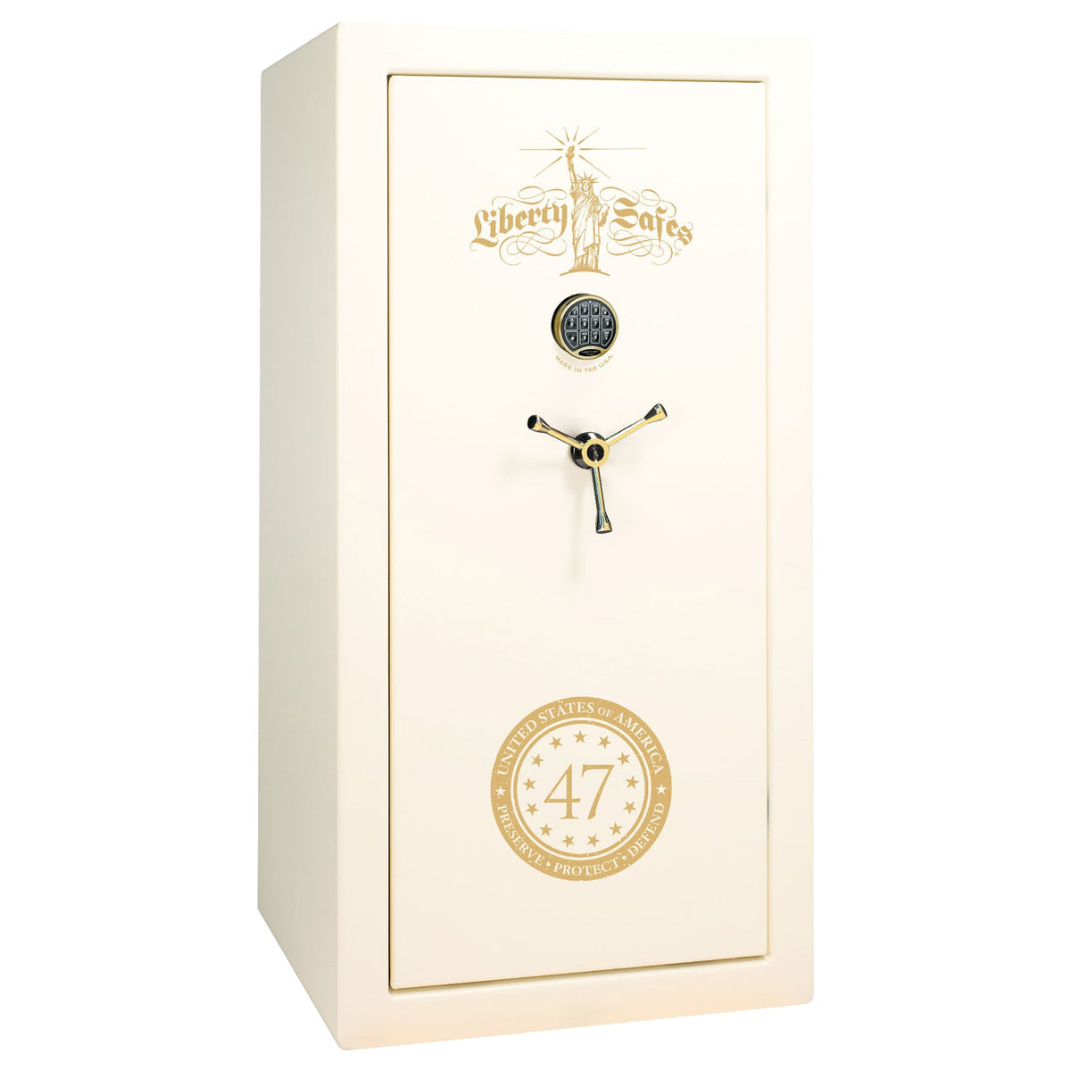 Liberty 47 Limited Edition Safe - USA 30 | Level 3 Security | 60 Minute Fire Rating | Dimensions: 60.5&quot;(H) x 30&quot;(W) x 22&quot;(D) | White Gloss with Gold Commemorative Logo | Electronic Lock – Closed Door