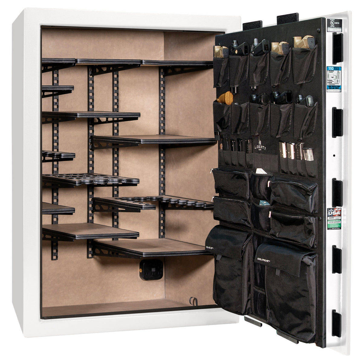 Franklin 45 | Pro Flex Interior | Level 5 Security | 110 Minute Fire Protection | Dimensions: 60.5&quot;(H) x 42&quot;(W) x 27.5&quot;(D) | Up to 60 Long Guns | White Gloss Black Chrome | Electronic Lock - Open